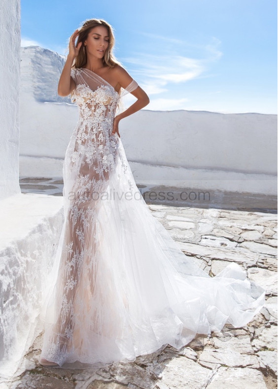 One Shoulder Illusion Beaded White Lace Tulle Wedding Dress